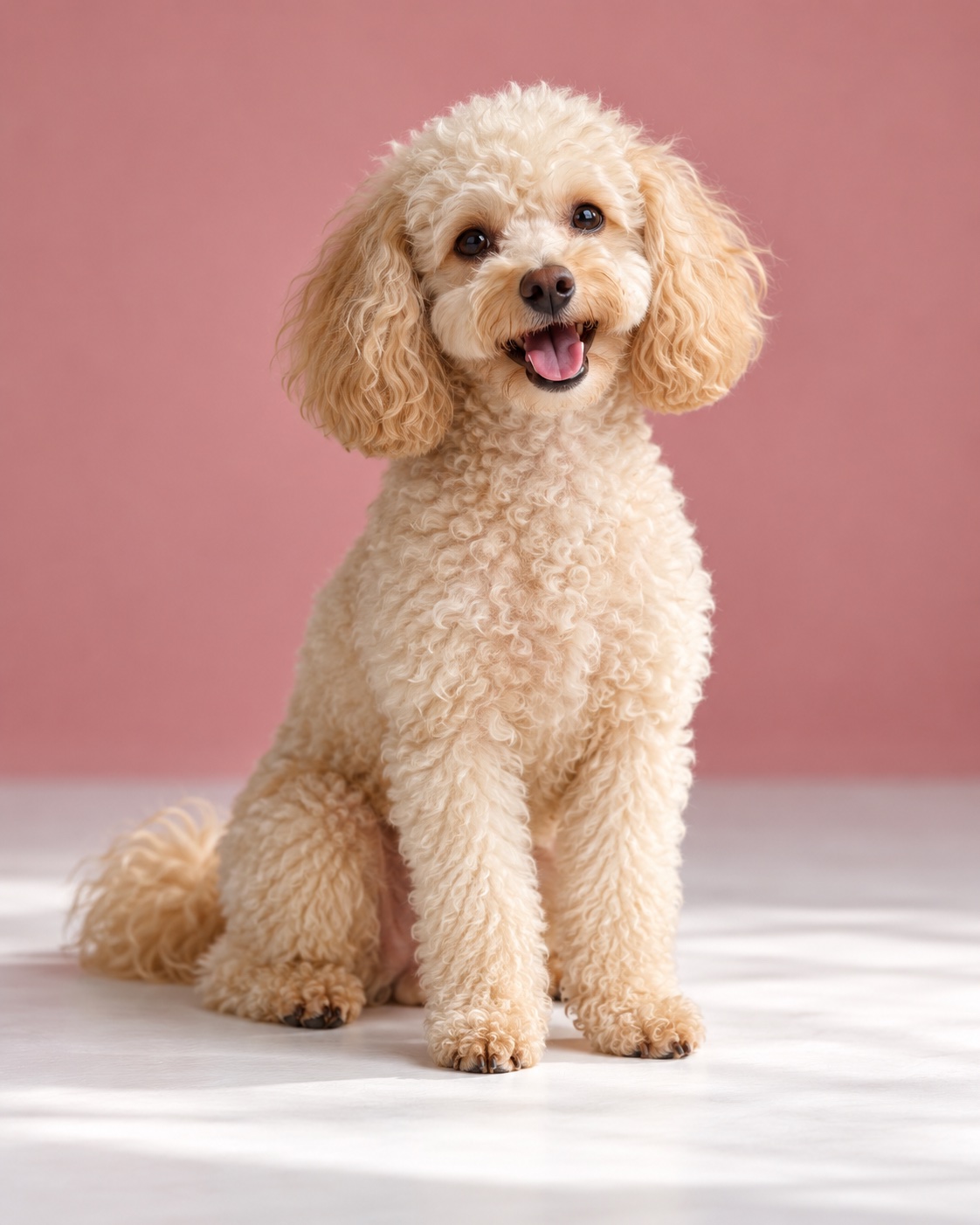 Illustrative cream poodle against a rose studio backdrop